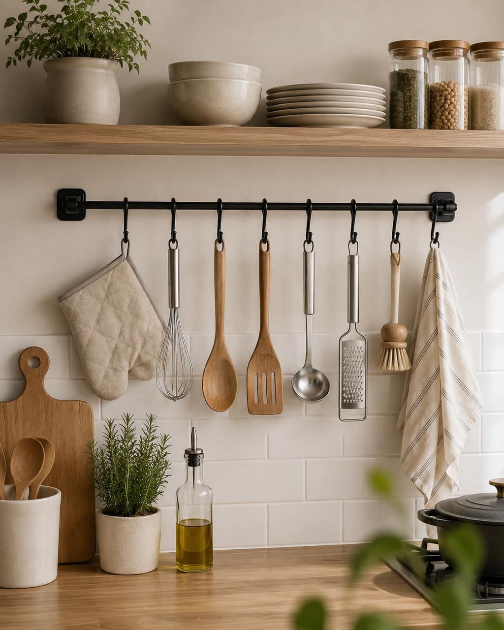 Kitchen Utensil Hanging Rail – 8 Hooks Wall Mounted 56cm No Drill Storage Rack for Kitchen & Bathroom
