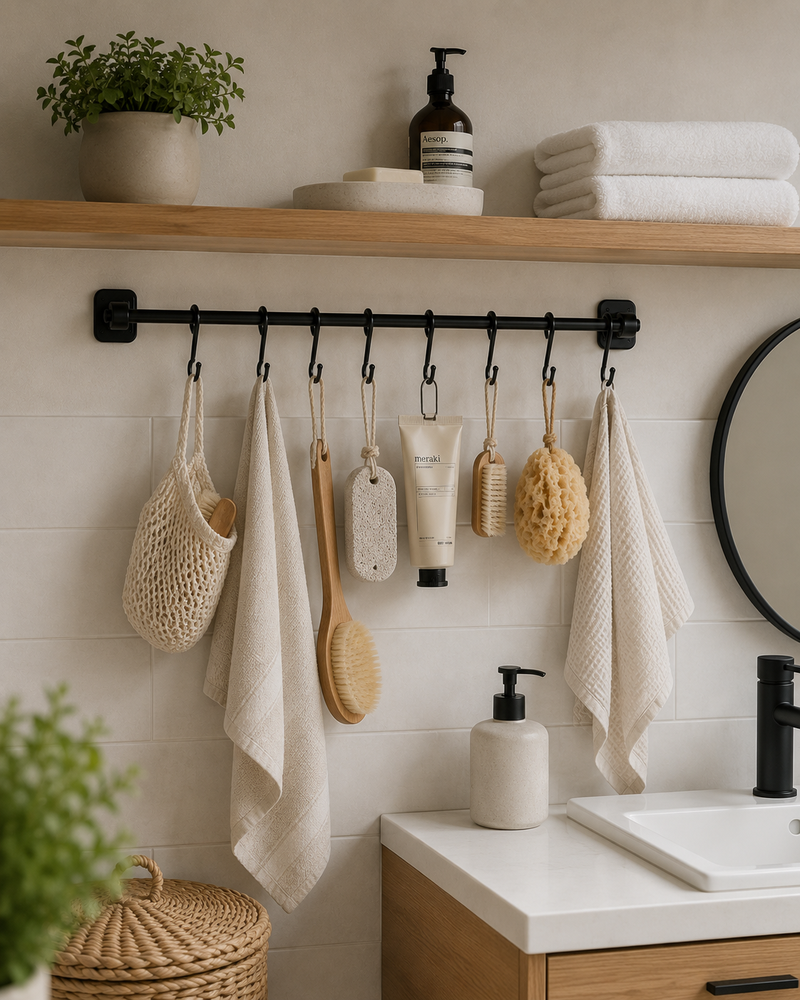 Kitchen Utensil Hanging Rail – 8 Hooks Wall Mounted 56cm No Drill Storage Rack for Kitchen & Bathroom