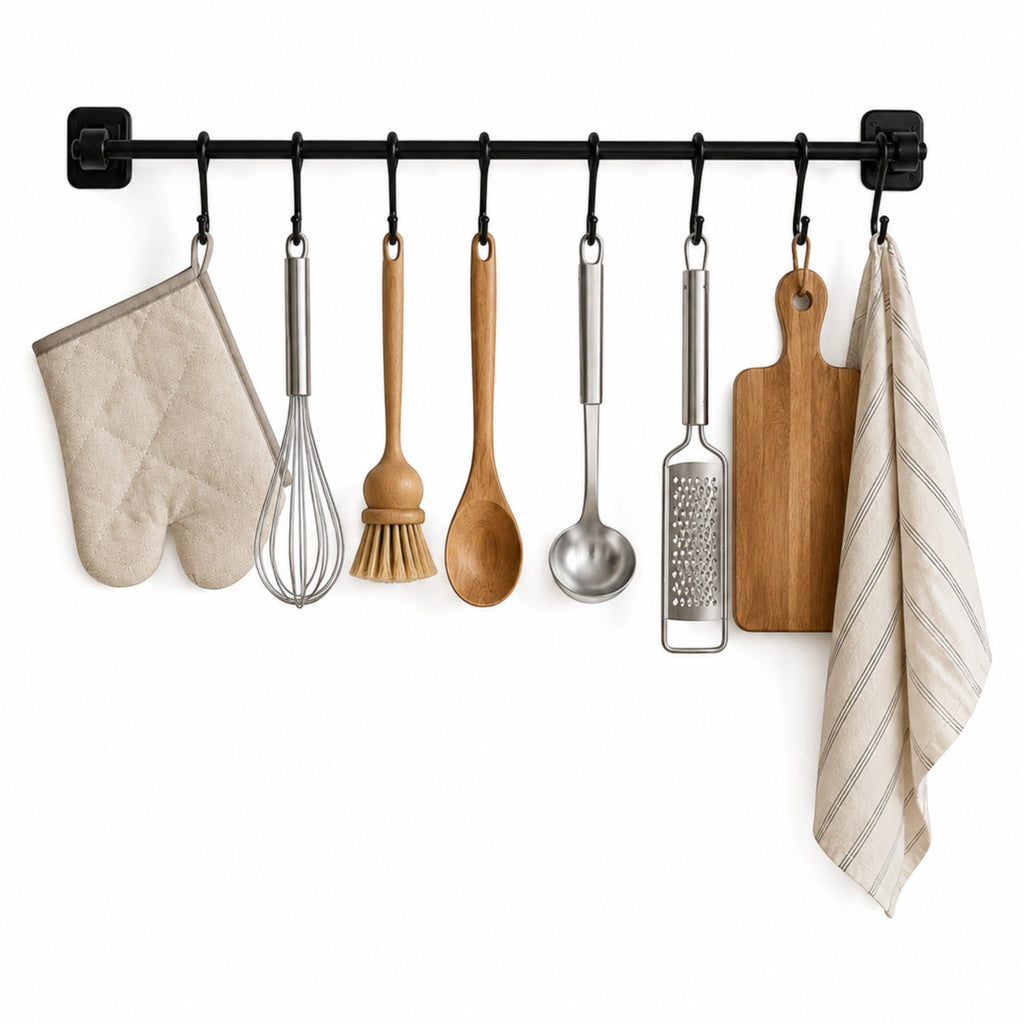 Kitchen Utensil Hanging Rail – 8 Hooks Wall Mounted 56cm No Drill Storage Rack for Kitchen & Bathroom