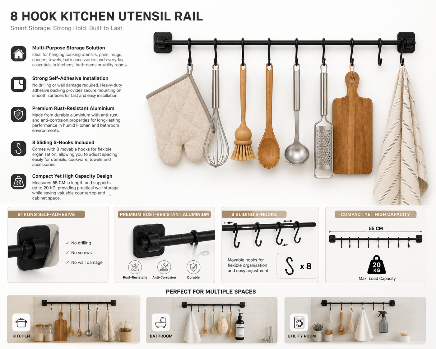 Kitchen Utensil Hanging Rail – 8 Hooks Wall Mounted 56cm No Drill Storage Rack for Kitchen & Bathroom