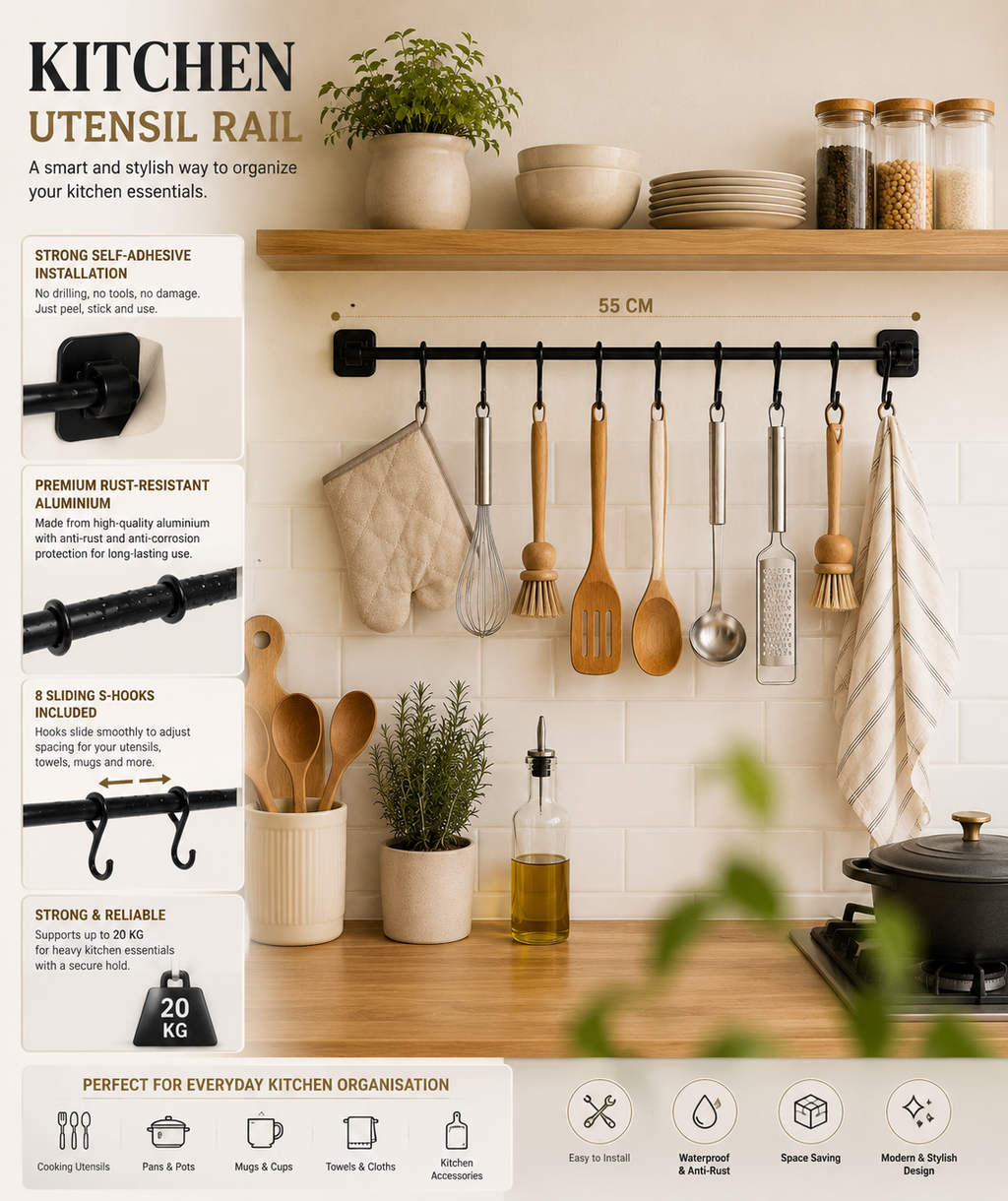 Kitchen Utensil Hanging Rail – 8 Hooks Wall Mounted 56cm No Drill Storage Rack for Kitchen & Bathroom