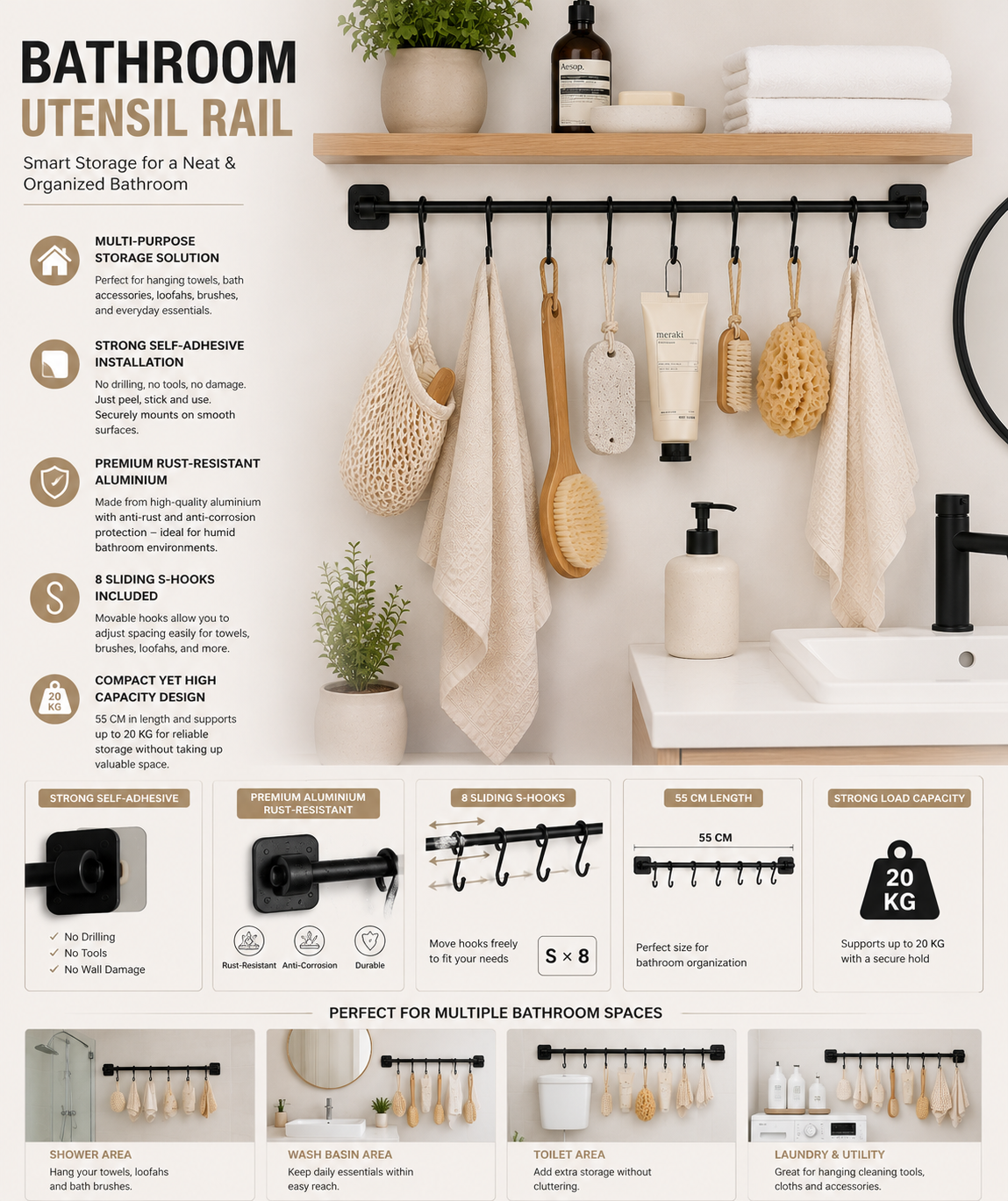 Kitchen Utensil Hanging Rail – 8 Hooks Wall Mounted 56cm No Drill Storage Rack for Kitchen & Bathroom