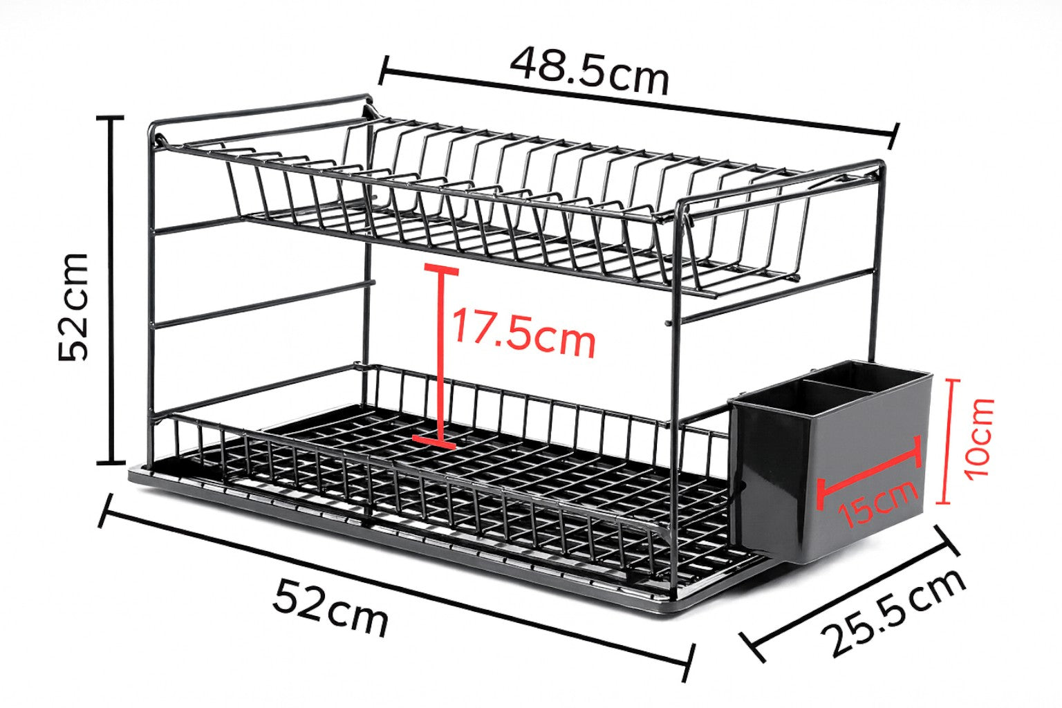 2-Tier Metal Dish Drainer Rack – Rustproof Drying Rack with Drip Tray & Utensil Holder