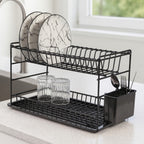 2-Tier Metal Dish Drainer Rack – Rustproof Drying Rack with Drip Tray & Utensil Holder