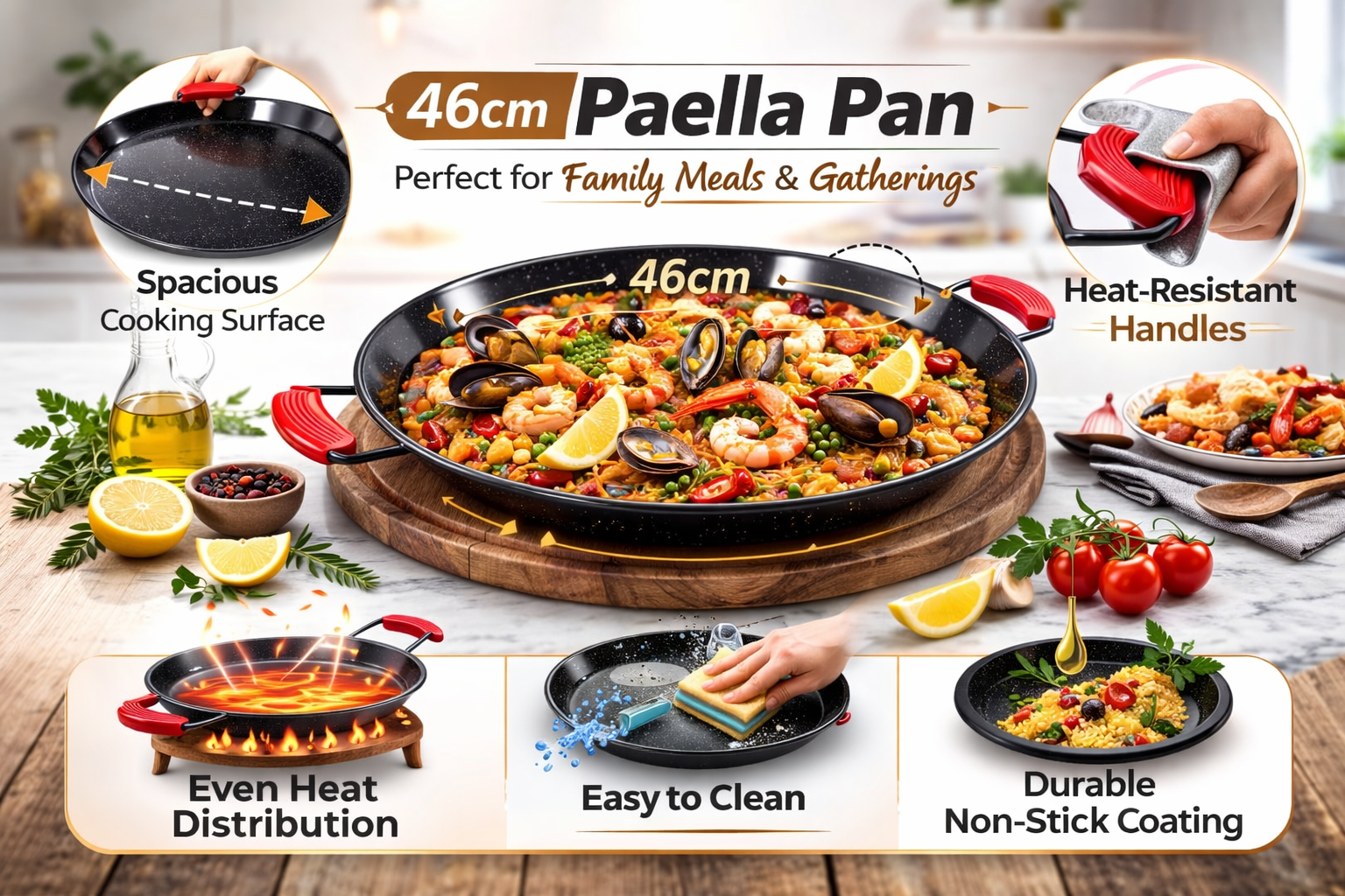 Enamelled Paella Pan. Non-Stick Carbon Steel with Silicone Handles.