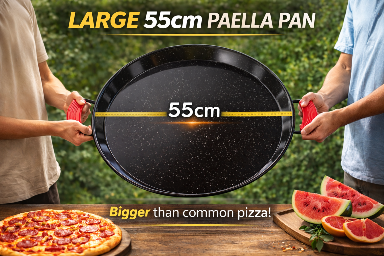 Enamelled Paella Pan. Non-Stick Carbon Steel with Silicone Handles.