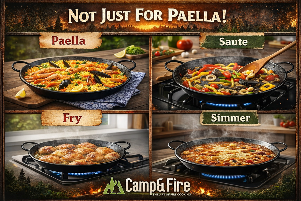 Enamelled Paella Pan. Non-Stick Carbon Steel with Silicone Handles.