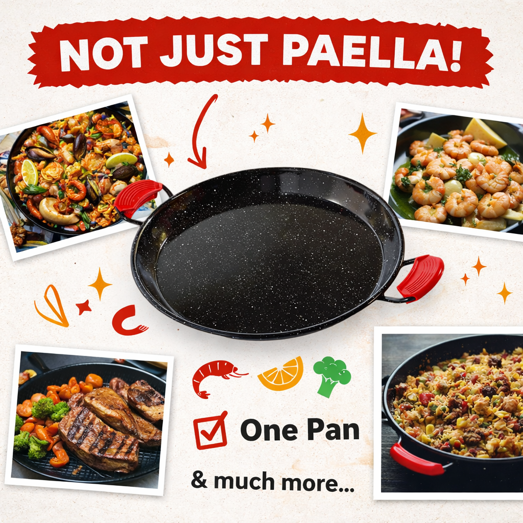 Enamelled Paella Pan. Non-Stick Carbon Steel with Silicone Handles.