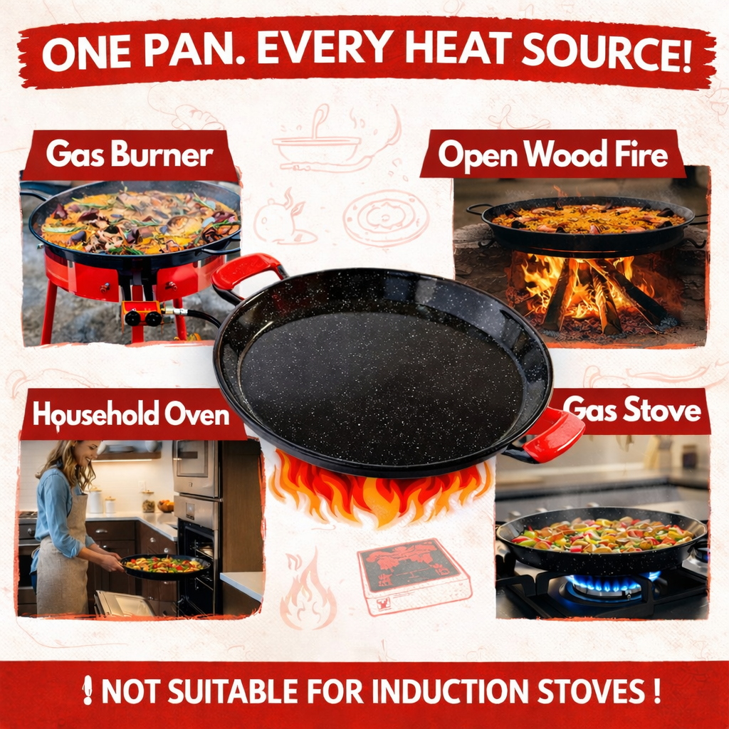 Enamelled Paella Pan. Non-Stick Carbon Steel with Silicone Handles.