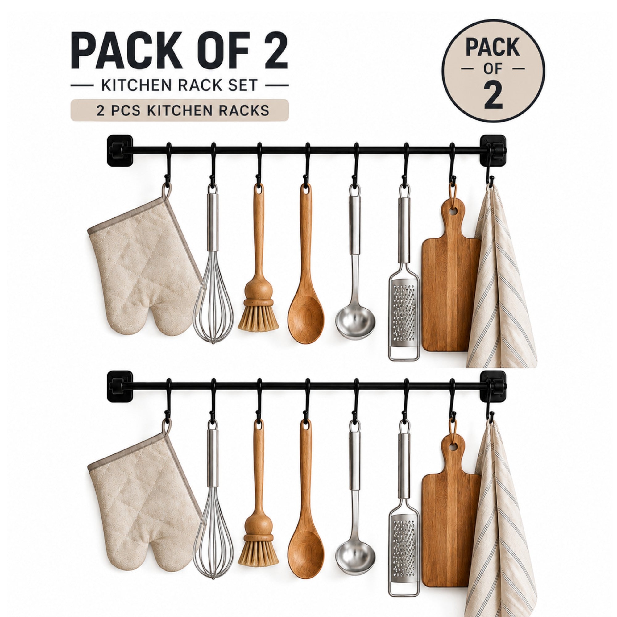 Kitchen Utensil Hanging Rail – 8 Hooks Wall Mounted 56cm No Drill Storage Rack for Kitchen & Bathroom