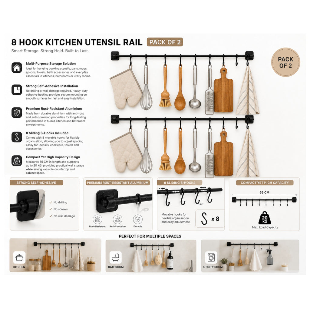 Kitchen Utensil Hanging Rail – 8 Hooks Wall Mounted 56cm No Drill Storage Rack for Kitchen & Bathroom