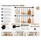 Kitchen Utensil Hanging Rail – 8 Hooks Wall Mounted 56cm No Drill Storage Rack for Kitchen & Bathroom