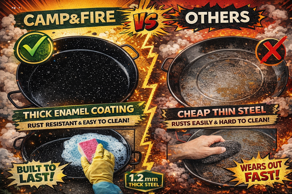 Enamelled Paella Pan. Non-Stick Carbon Steel with Silicone Handles.