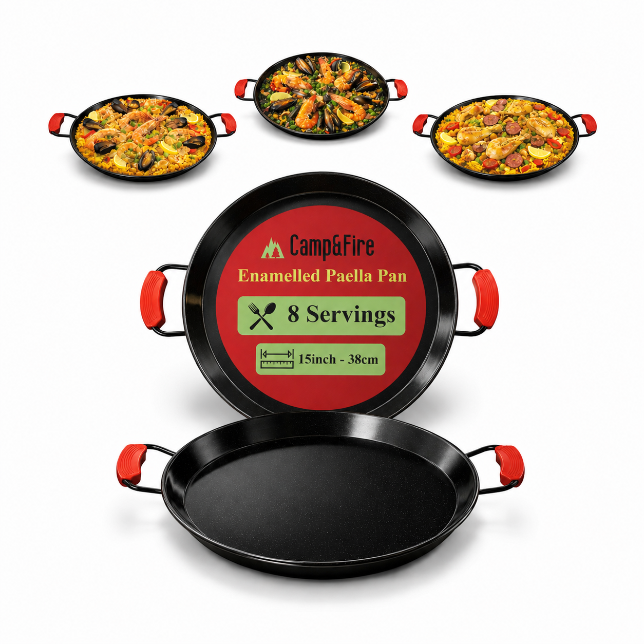 Enamelled Paella Pan. Non-Stick Carbon Steel with Silicone Handles.