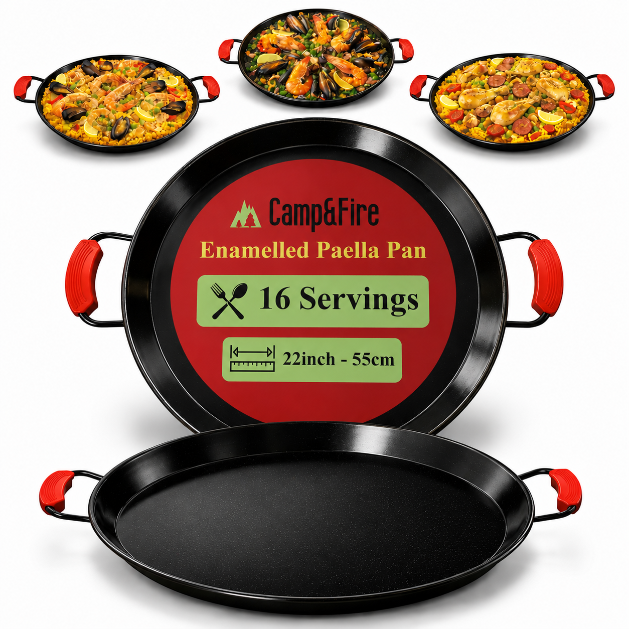 Enamelled Paella Pan. Non-Stick Carbon Steel with Silicone Handles.