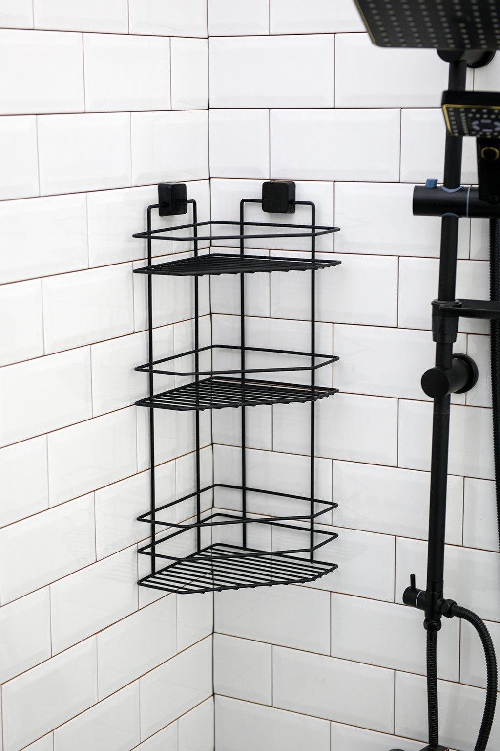 3-Tier Bathroom Corner Caddy – Black Metal Adhesive Shower Shelf, No Drilling Required