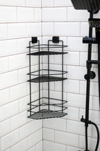 3-Tier Bathroom Corner Caddy – Black Metal Adhesive Shower Shelf, No Drilling Required