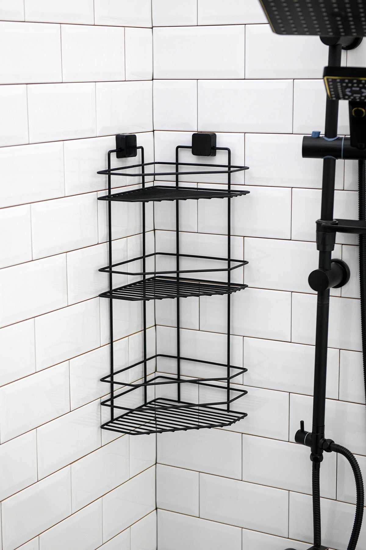 3-Tier Bathroom Corner Caddy – Black Metal Adhesive Shower Shelf, No Drilling Required