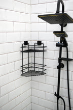 2-Tier Corner Shower Shelf – Black Metal No-Drill Adhesive Bathroom Caddy