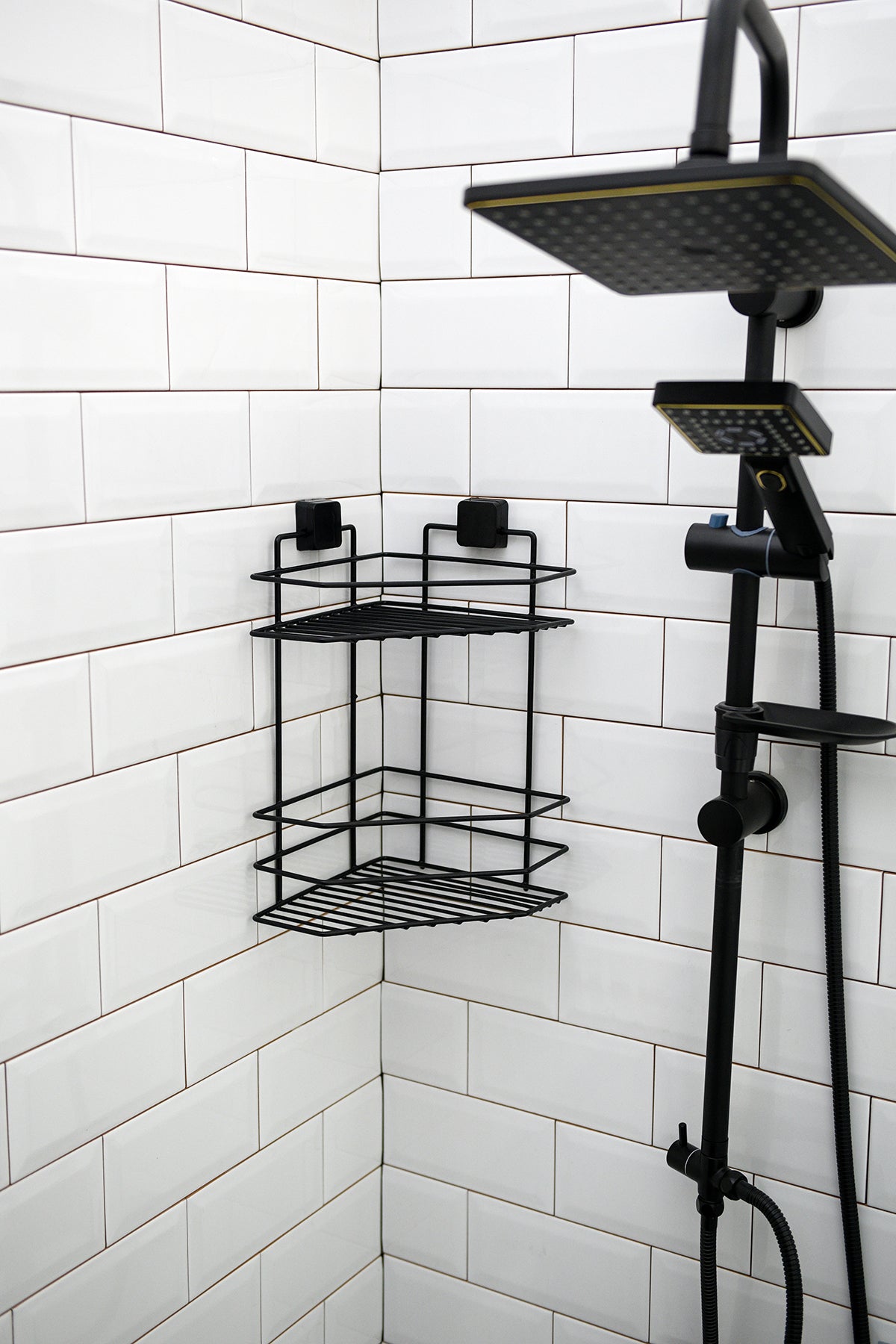 2-Tier Corner Shower Shelf – Black Metal No-Drill Adhesive Bathroom Caddy