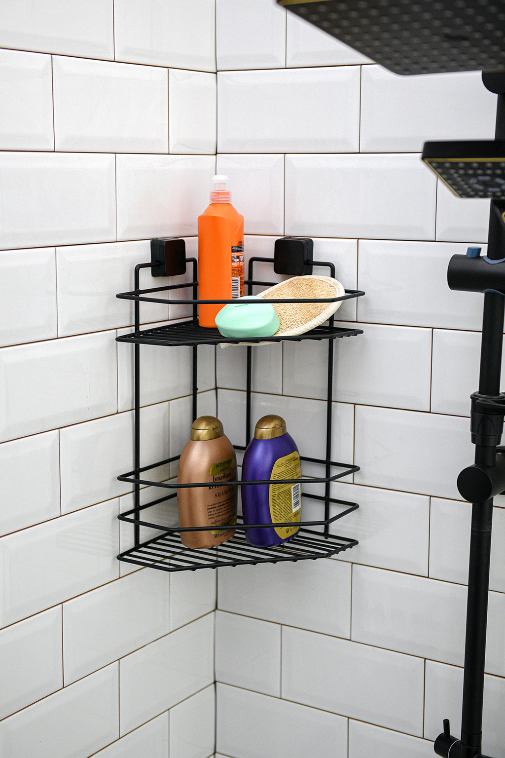 2-Tier Corner Shower Shelf – Black Metal No-Drill Adhesive Bathroom Caddy