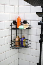 2-Tier Corner Shower Shelf – Black Metal No-Drill Adhesive Bathroom Caddy