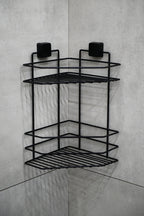 2-Tier Corner Shower Shelf – Black Metal No-Drill Adhesive Bathroom Caddy