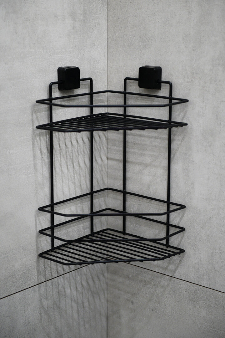 2-Tier Corner Shower Shelf – Black Metal No-Drill Adhesive Bathroom Caddy