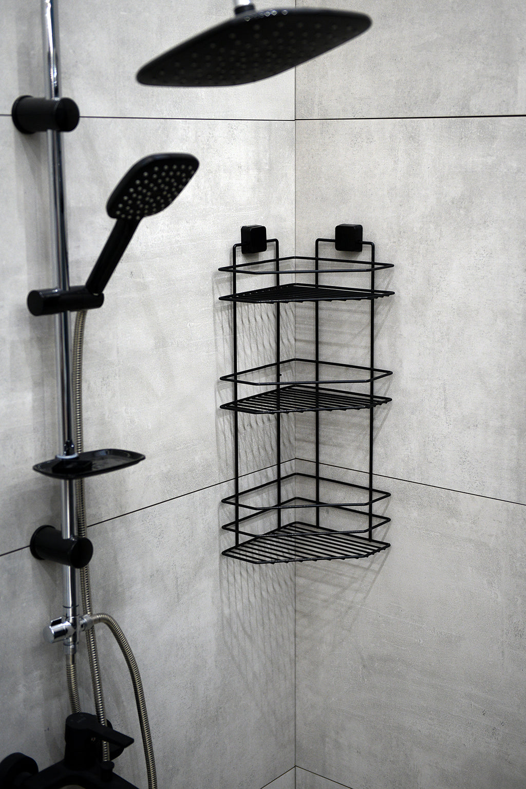 3-Tier Bathroom Corner Caddy – Black Metal Adhesive Shower Shelf, No Drilling Required