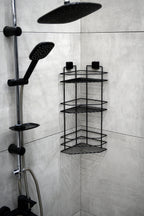 3-Tier Bathroom Corner Caddy – Black Metal Adhesive Shower Shelf, No Drilling Required
