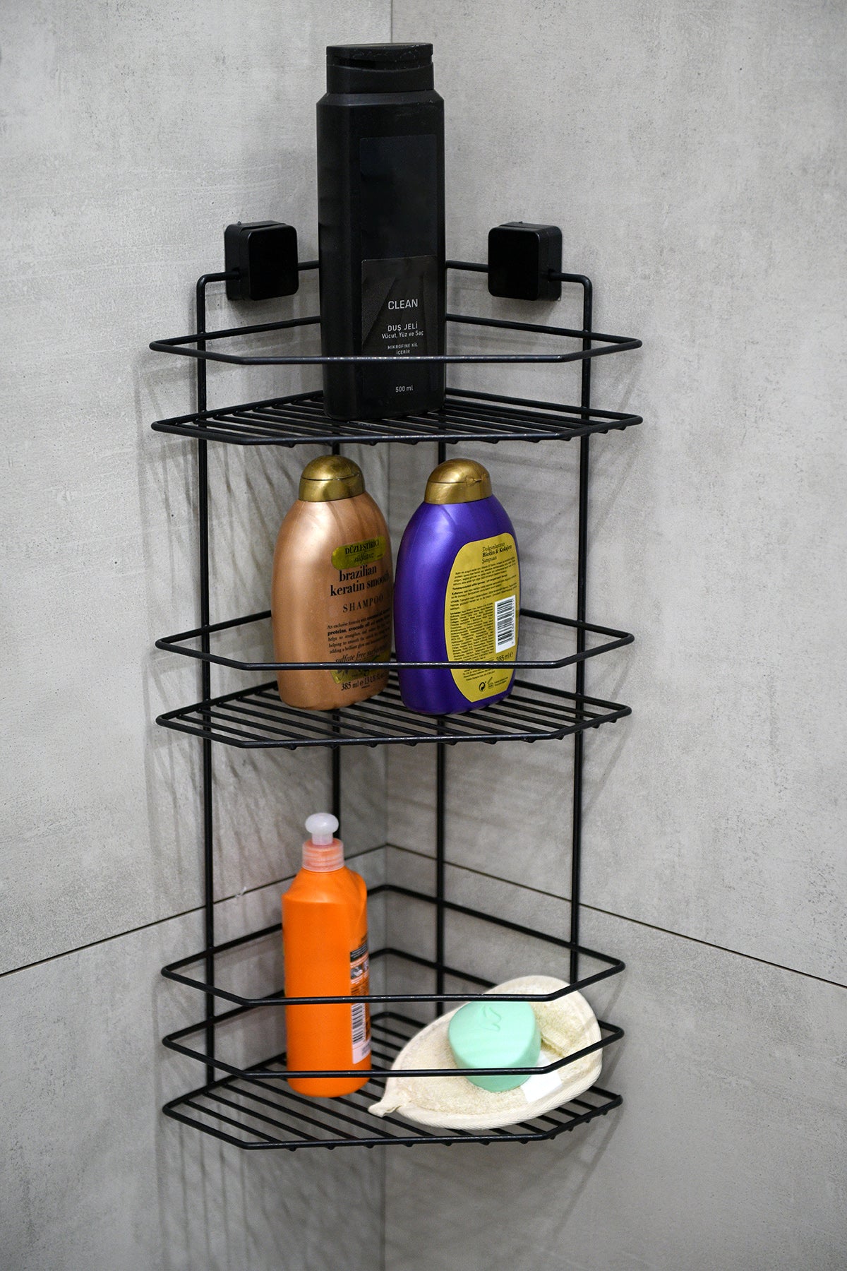 3-Tier Bathroom Corner Caddy – Black Metal Adhesive Shower Shelf, No Drilling Required