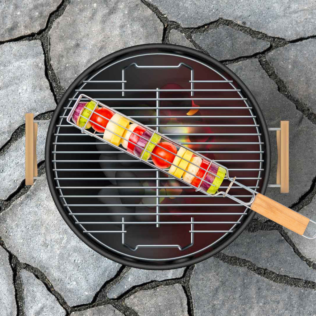 Stainless Steel Vegetable Grill Cage – Long Side-Opening BBQ Basket with Handle