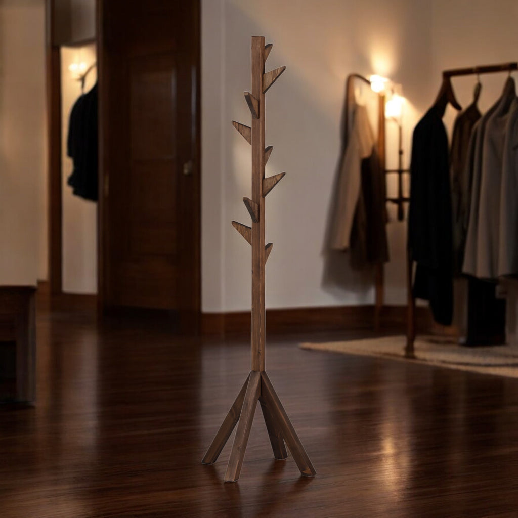 Coat Rack Stand - Oak. Freestanding Wooden Coat Hanger with 9 Hooks. Sturdy Coat Tree.
