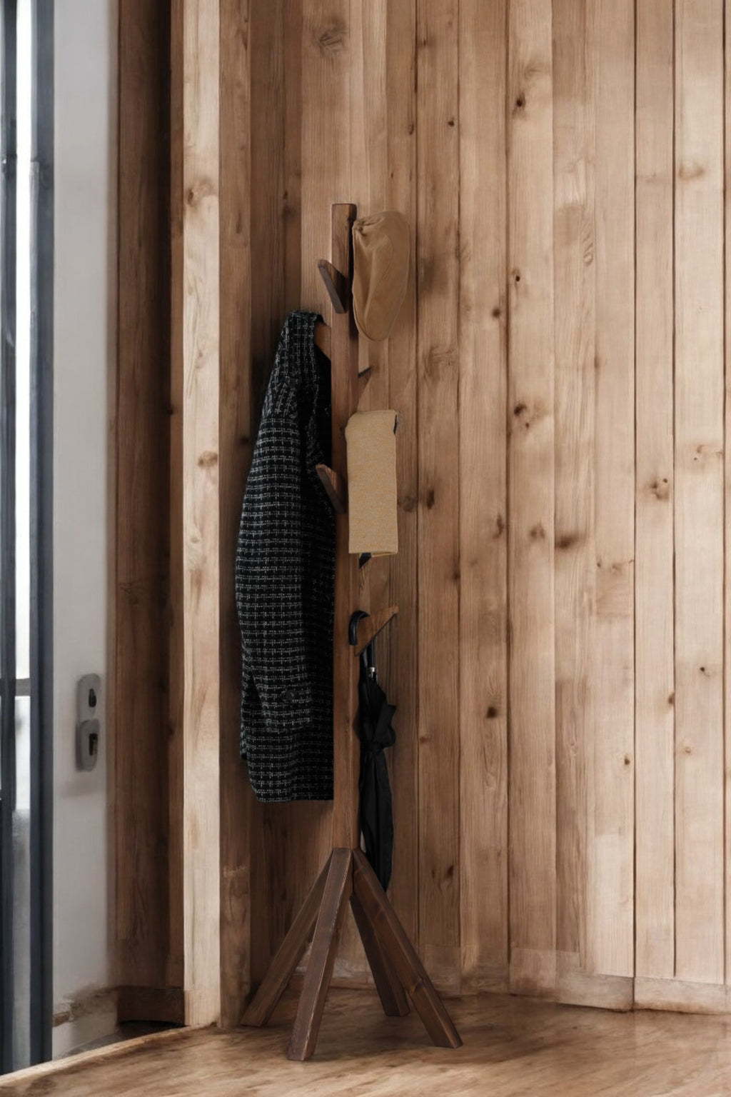 Coat Rack Stand - Walnut. Freestanding Wooden Coat Hanger with 9 Hooks. Sturdy Coat Tree.