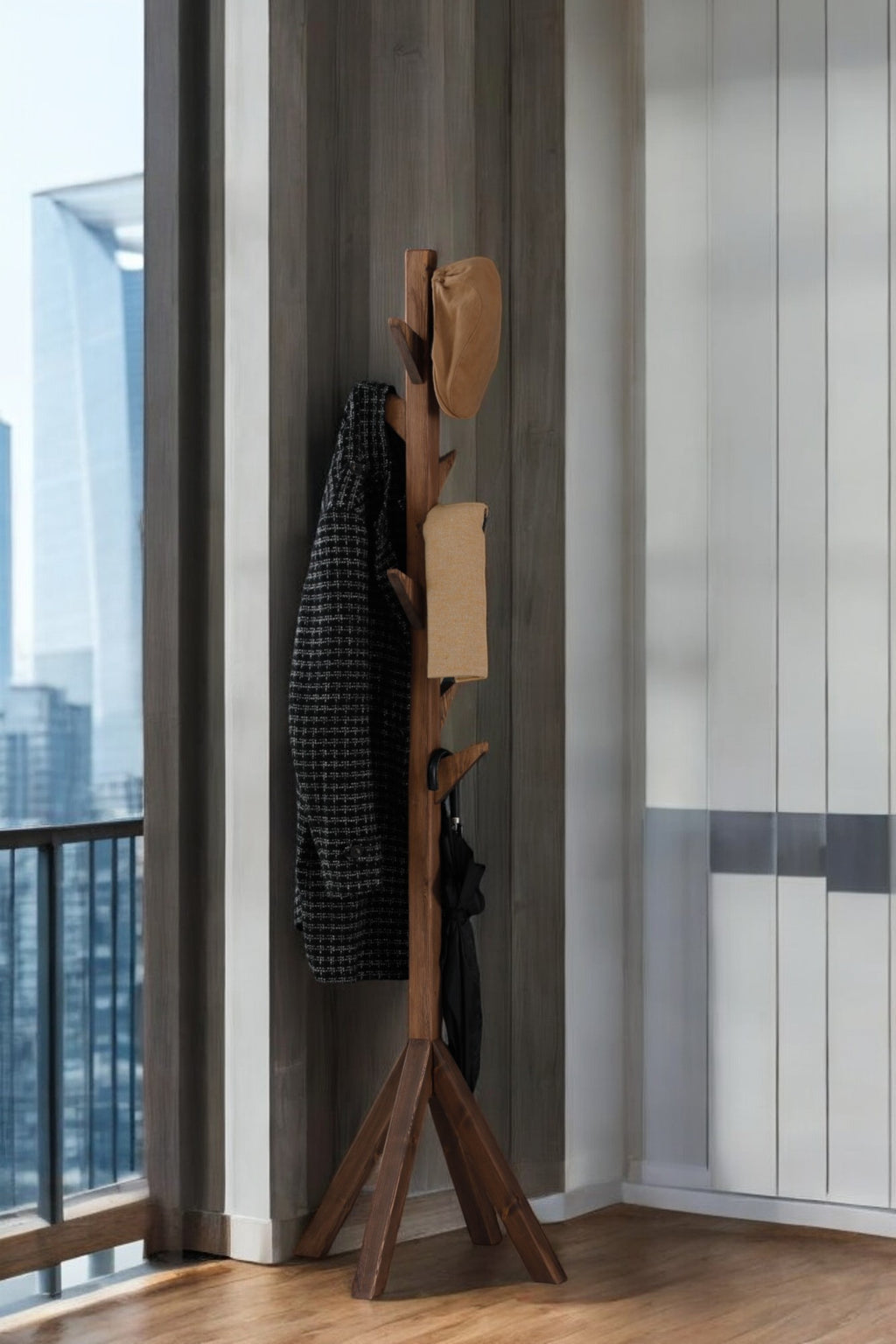 Coat Rack Stand - Walnut. Freestanding Wooden Coat Hanger with 9 Hooks. Sturdy Coat Tree.
