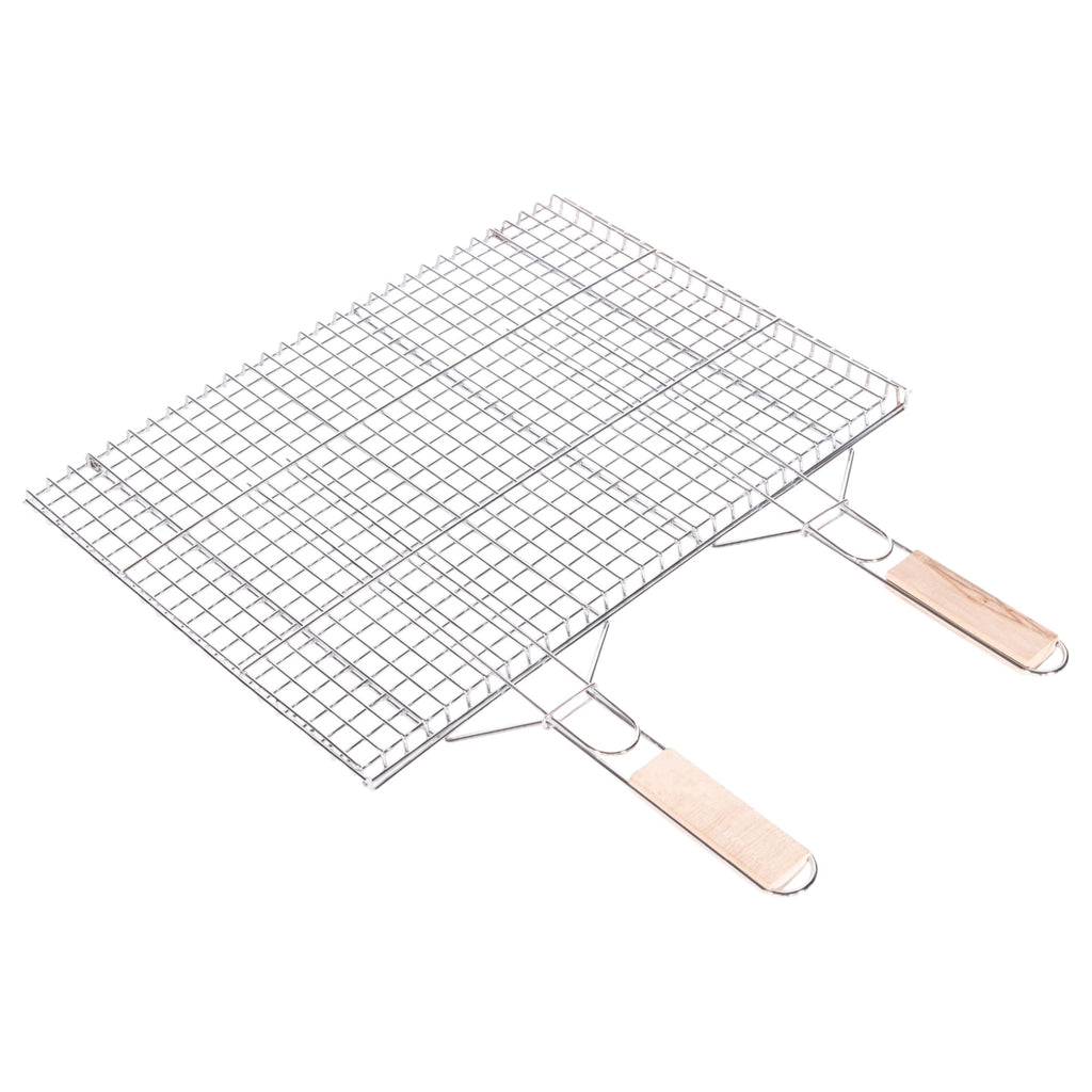 Extra-Large Foldable BBQ Basket – Stainless Steel Mesh with Dual Wooden Handles (46 × 56 cm)
