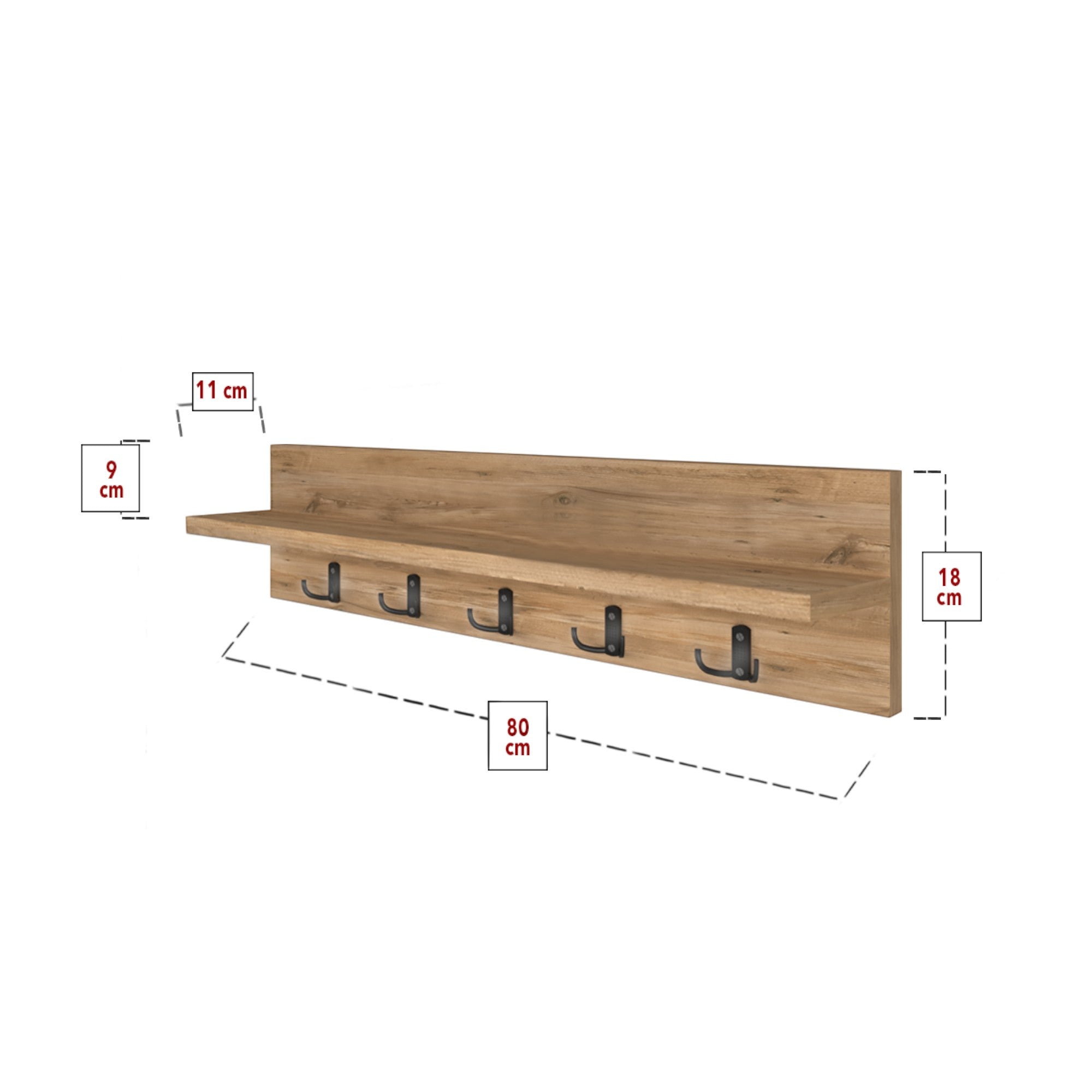 Wall Mounted Coat Rack with Shelf - Pine. 80cm Wooden Hanger. 5 Double Hooks.
