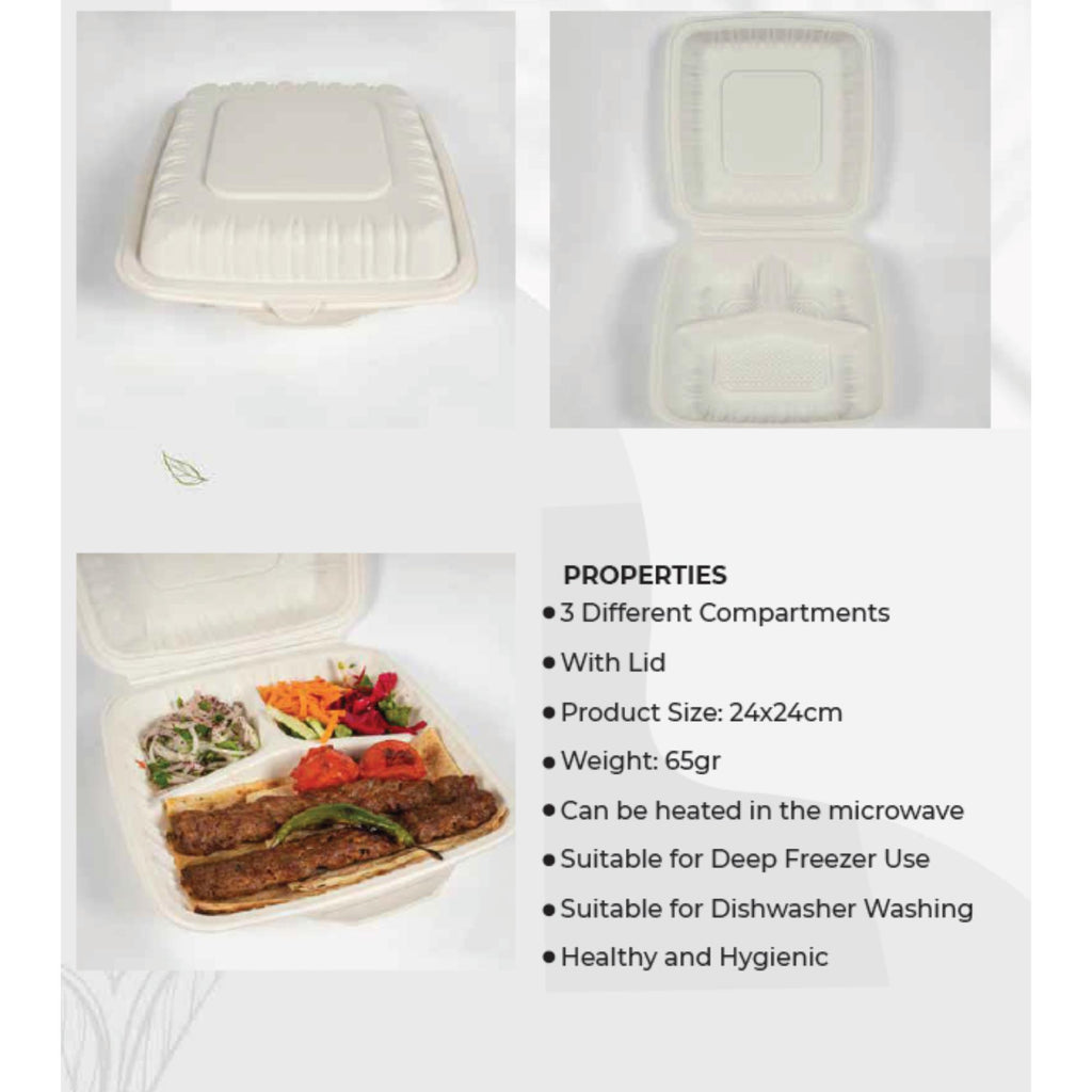 3 Compartment Large Takeaway Boxes. Square (24x24) Eco-Friendly Food Containers.