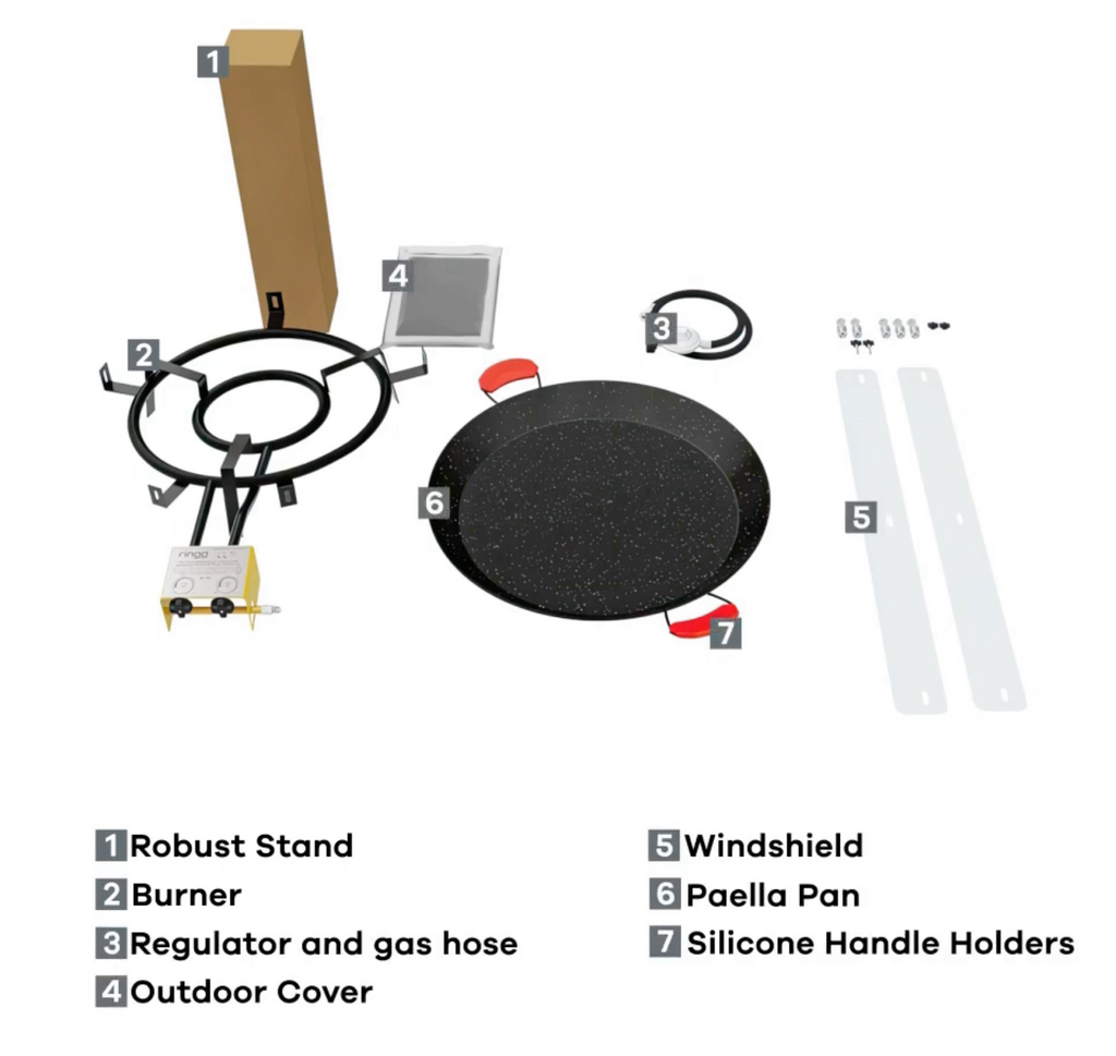 Paella Cooking Set. 12 Servings (46cm, 18") Paella Pan & Gas Burner & Tripod Stand Full Kit.