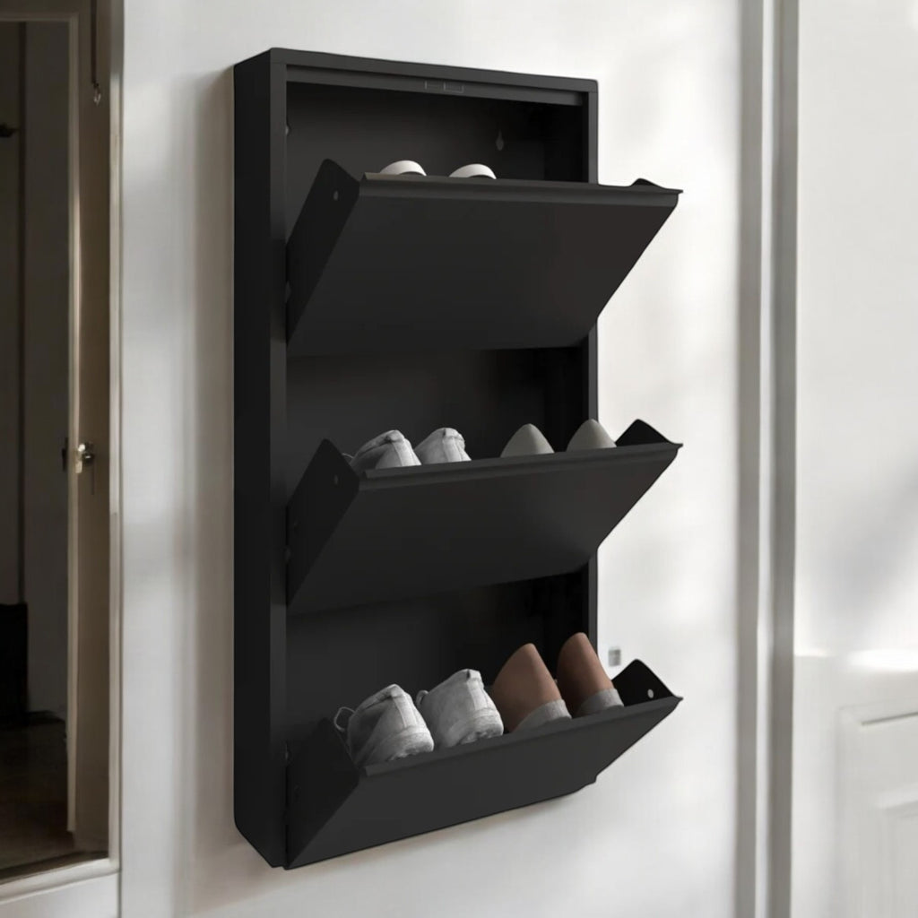 Slim Metal Shoe Cabinet Black – Compact 3-Tier Shoe Rack for Space-Saving Storage