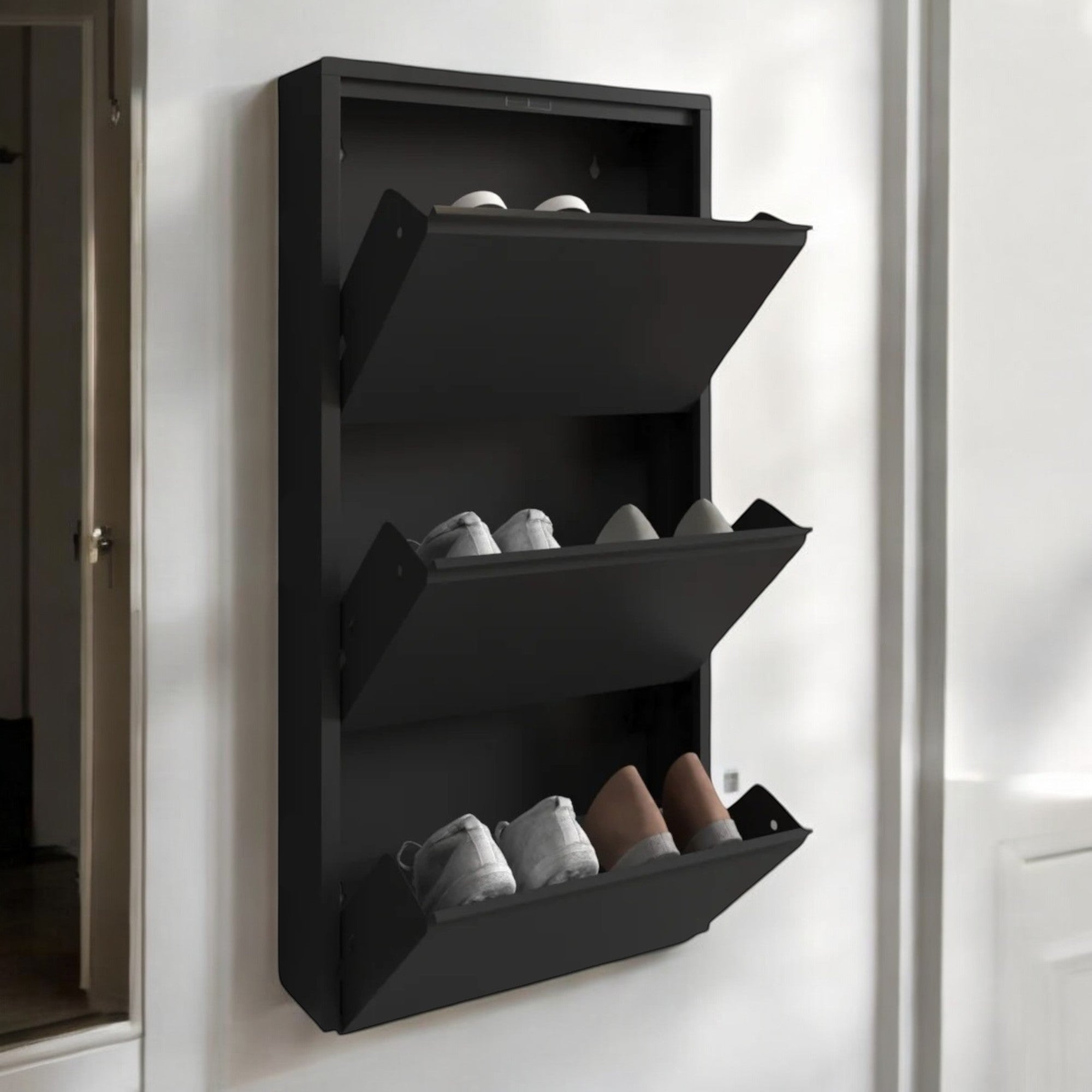 Slim Metal Shoe Cabinet Black – Compact 3-Tier Shoe Rack for Space-Saving Storage
