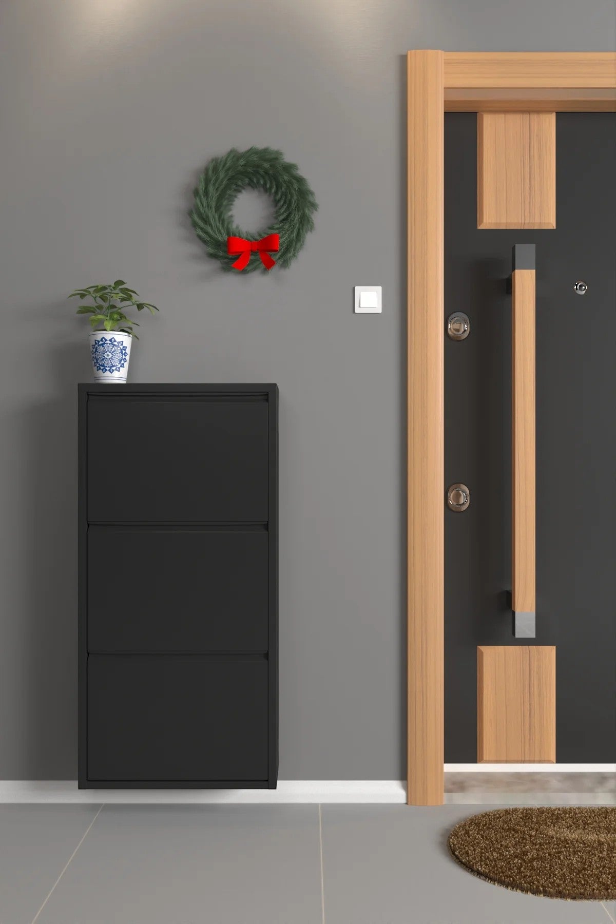 Slim Metal Shoe Cabinet Black – Compact 3-Tier Shoe Rack for Space-Saving Storage