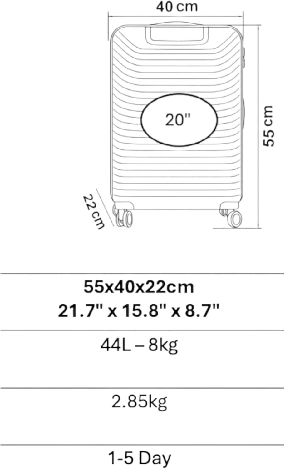 20” Lightweight Cabin Luggage – PP Hard Case with Spinner Wheels & Secure Lock