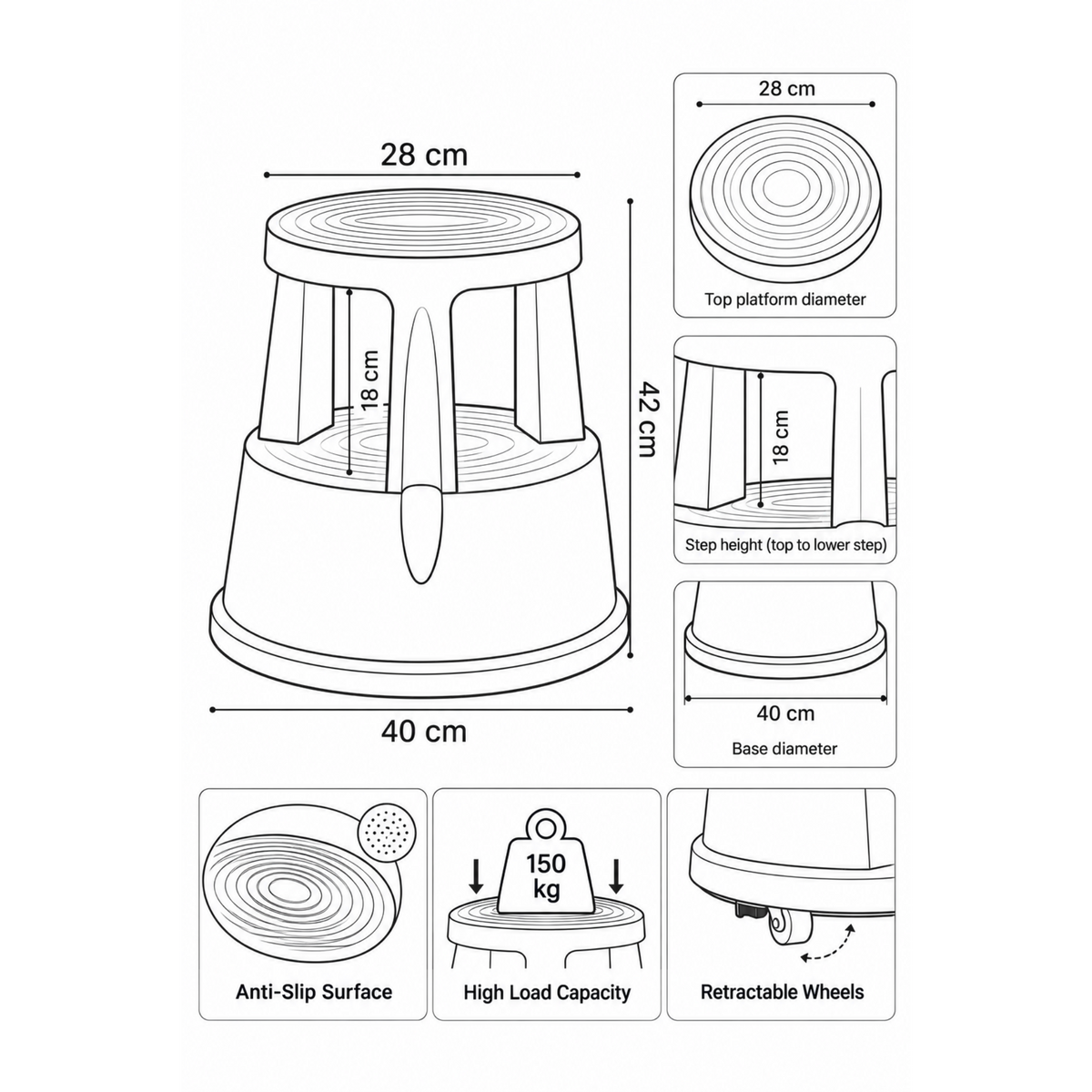 Kick Step Stool with Retractable Wheels – 150kg Capacity Rolling Step