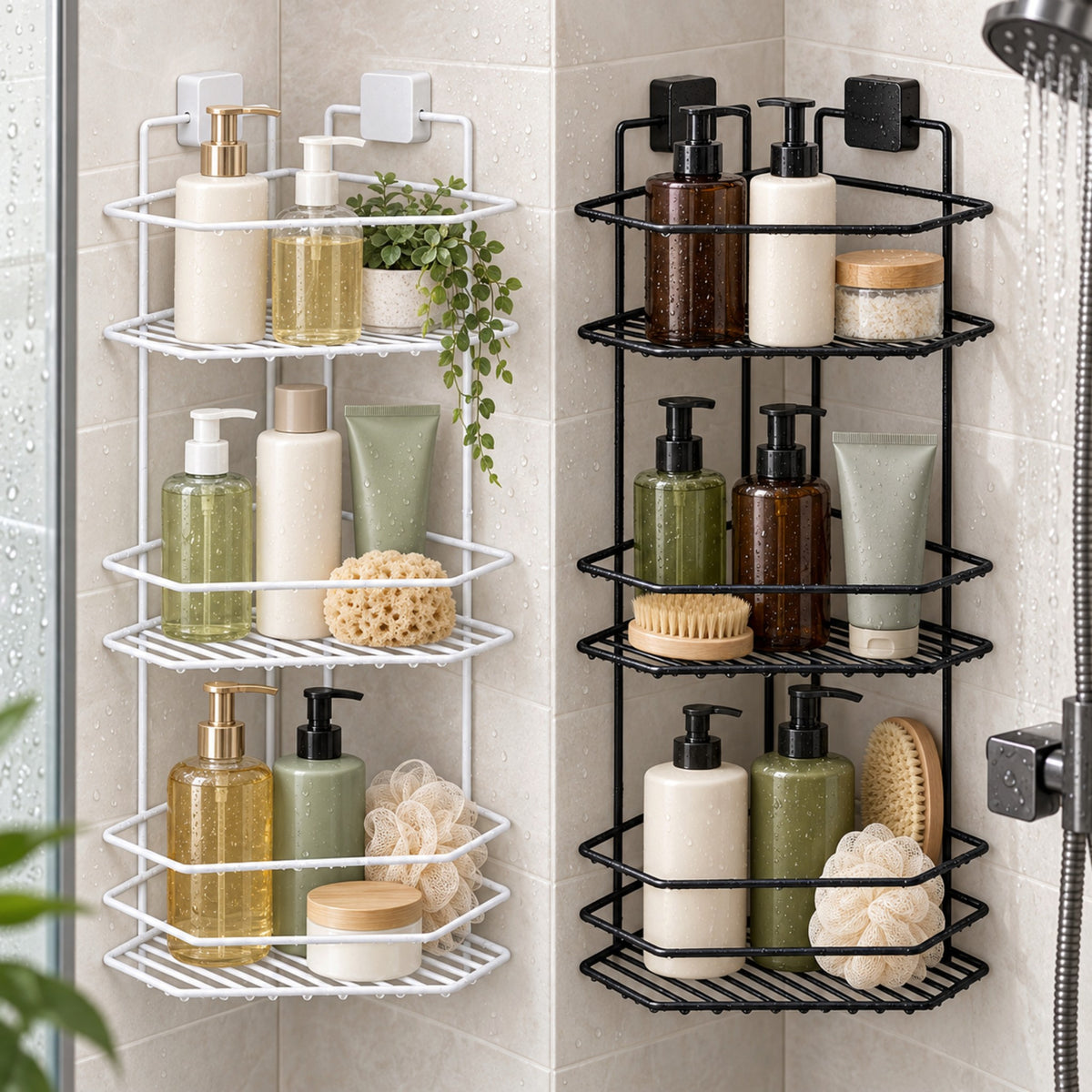 TheOwnas 3 tier corner shower caddy in white and black metal, featuring adhesive no-drill mounting for bathroom storage