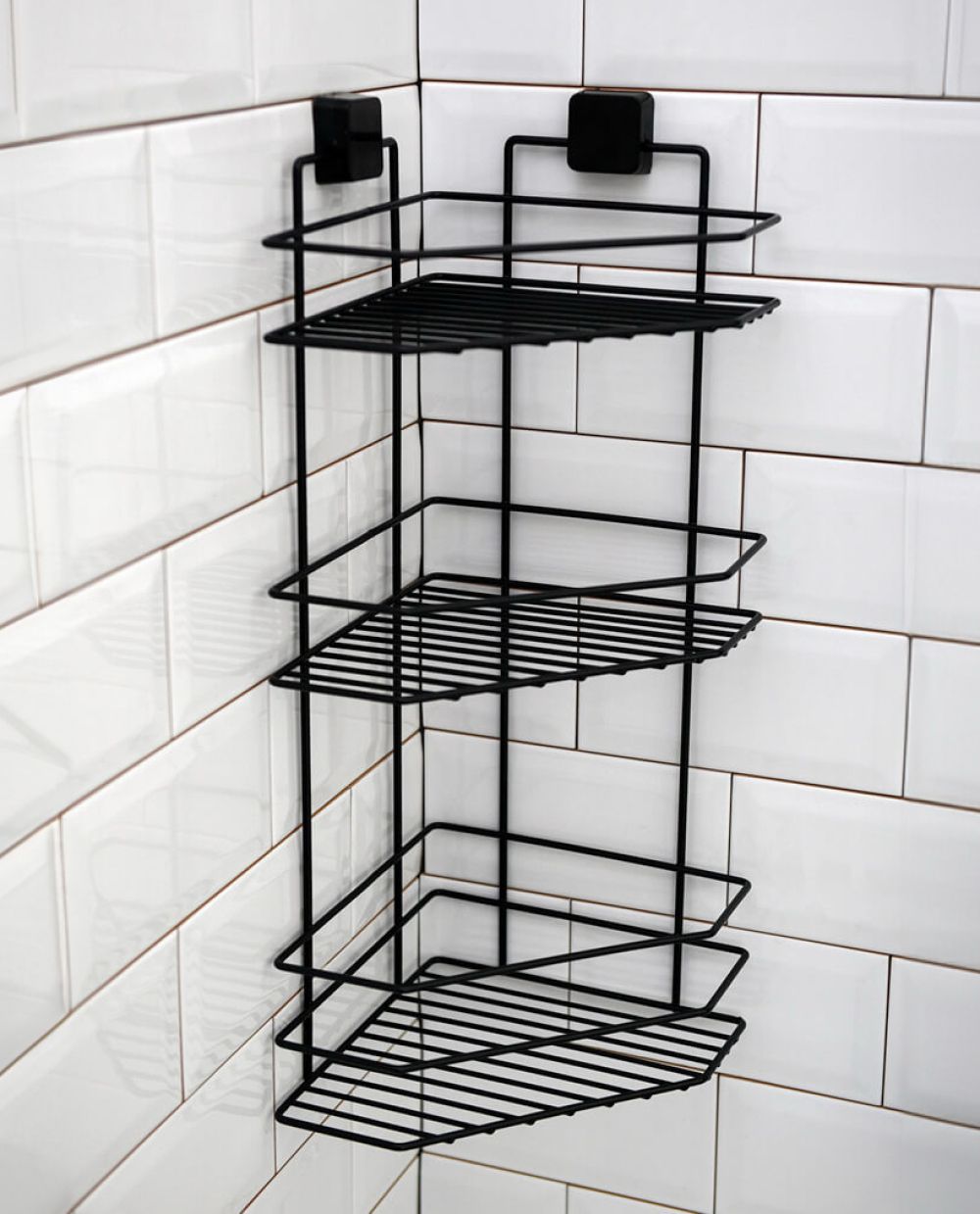 3-Tier Bathroom Corner Caddy – Black Metal Adhesive Shower Shelf, No Drilling Required