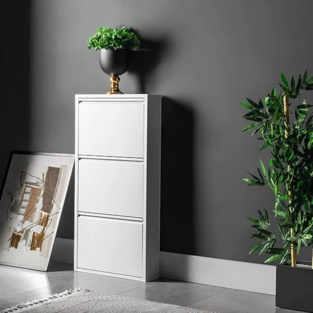 Slim Metal Shoe Cabinet White – Compact 3-Tier Shoe Rack for Space-Saving Storage