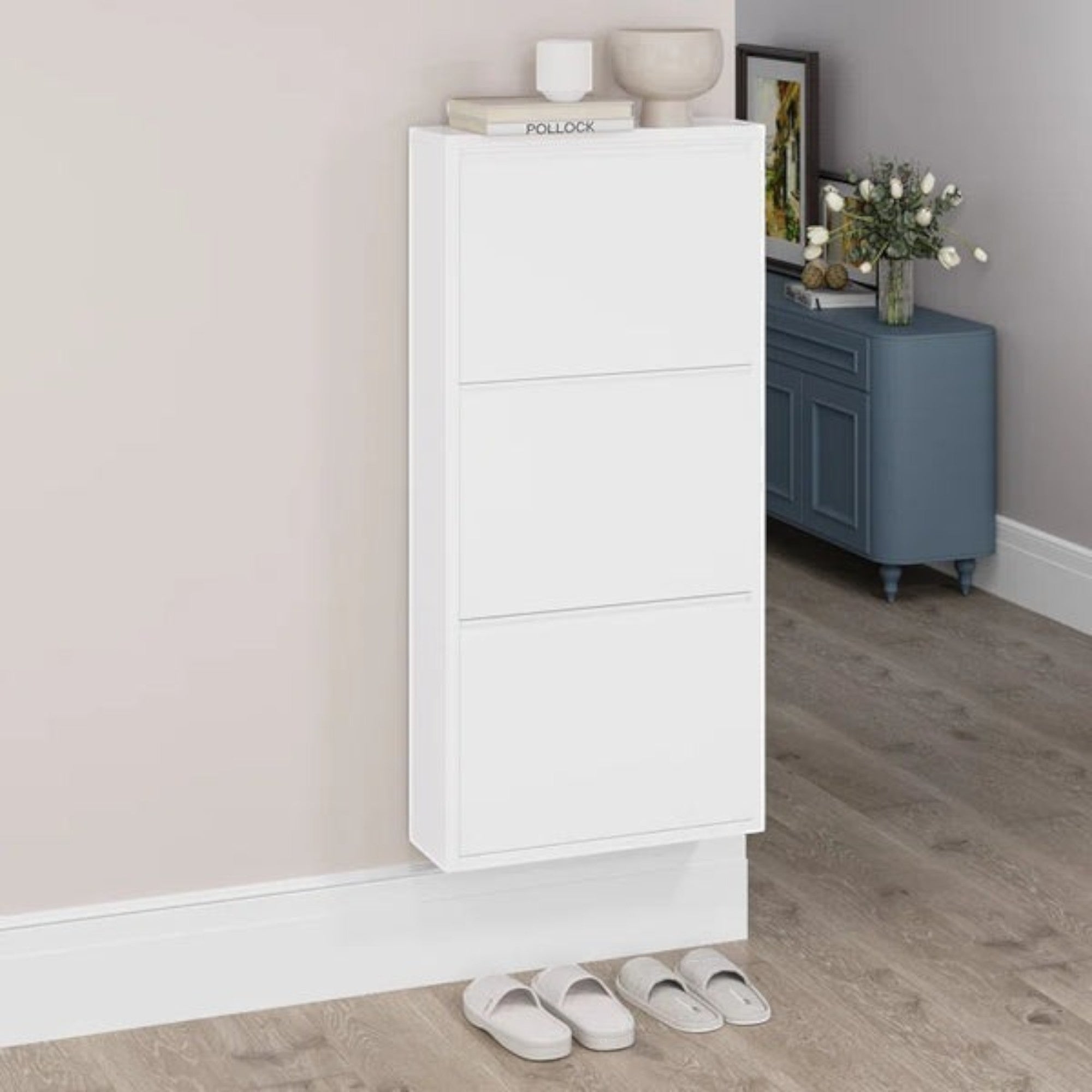 Slim Metal Shoe Cabinet White – Compact 3-Tier Shoe Rack for Space-Saving Storage