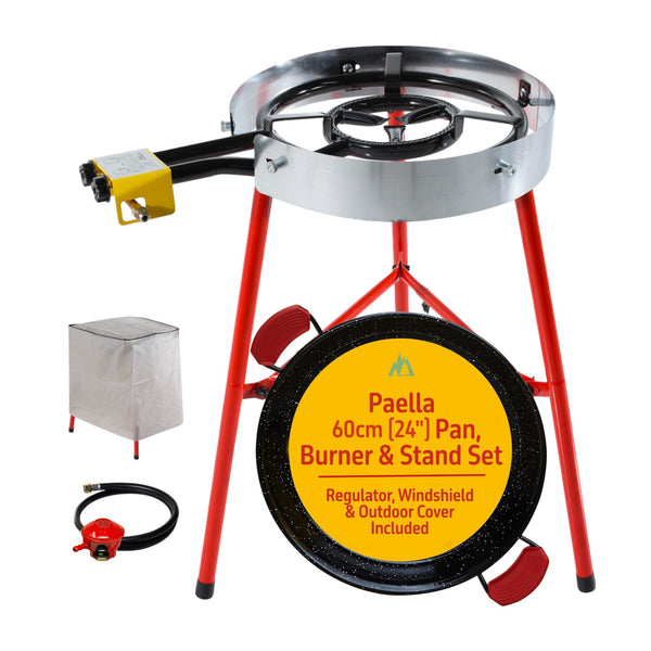 Camp&Fire 60cm paella set with red tripod, gas burner, pan, regulator and cover