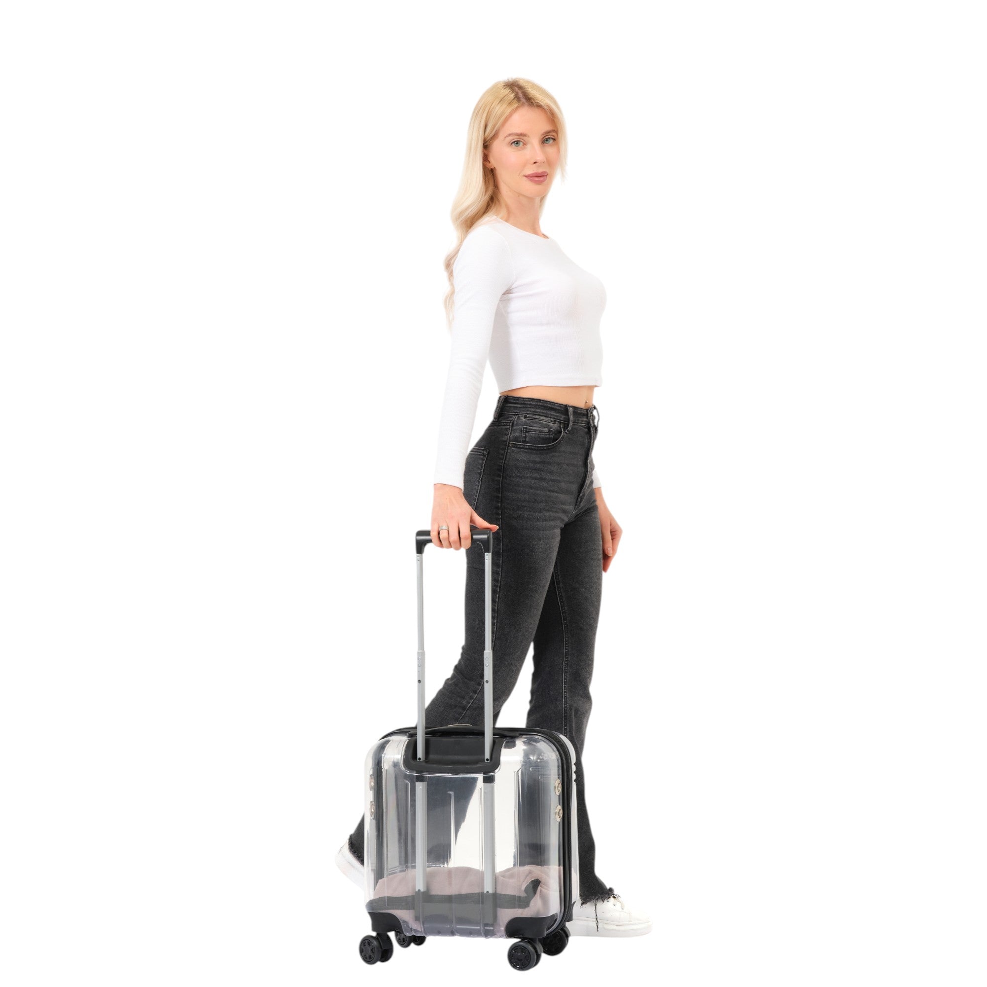 Pet Travel Luggage – Transparent Design with Smooth 360° Wheels for Dogs & Cats